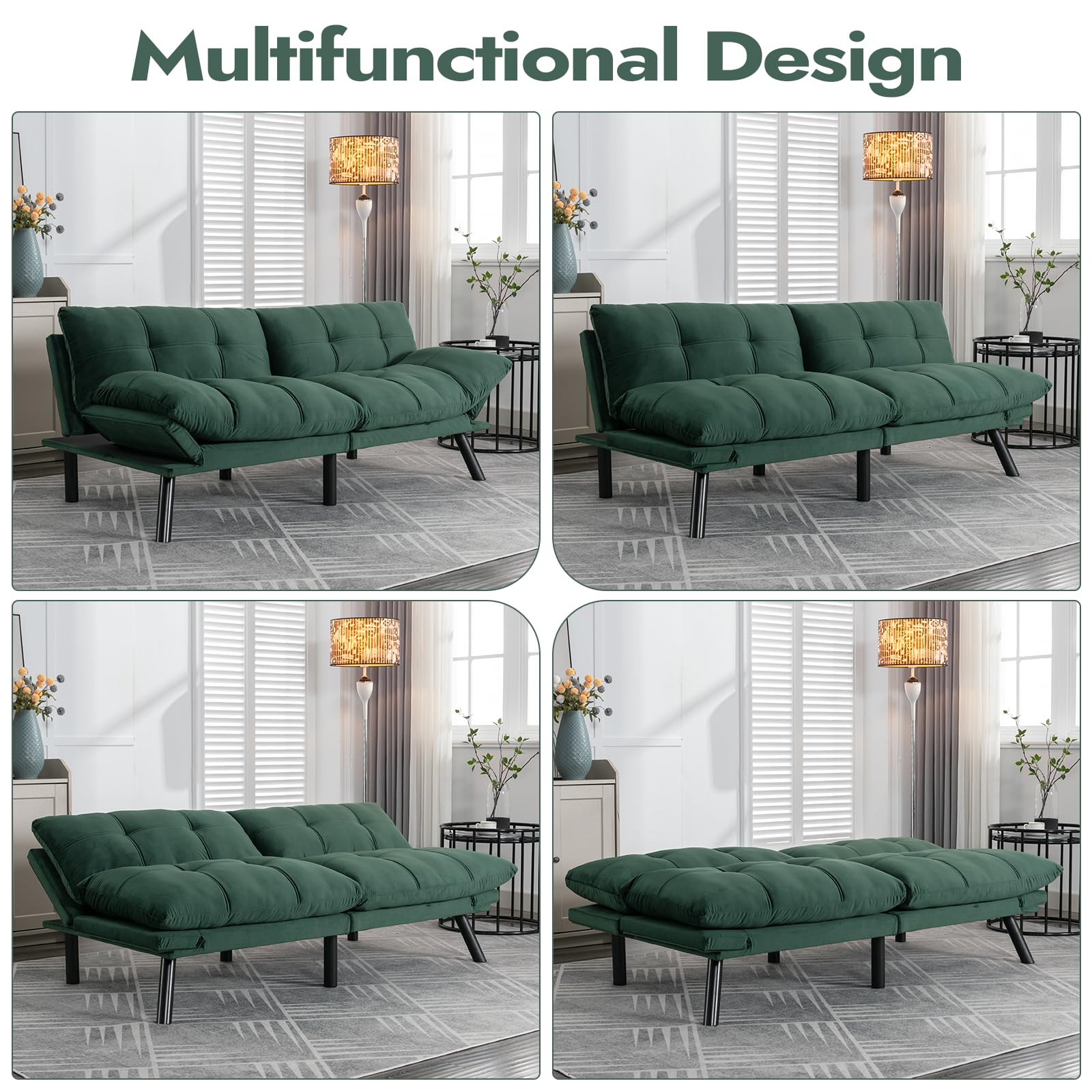 Edbuosy Comfortable Futon Sofa Bed, Memory Foam Loveseat, Convertible Adjustable Sofa Bed CouchSuitable for Office, Home, and Bedroom (Green)