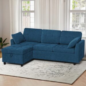 Lesofair 84" Chenille Sectional Sofa w/Tufted Cushions, L-Shaped Convertible Sofa w/Reversible Storage Chaise, Modern Couch w/Two Soft Pillows for Living Room, House, Blue