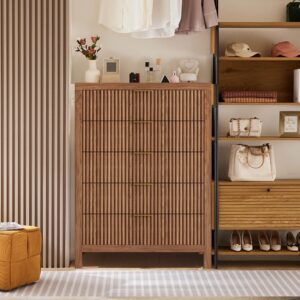 MJADUE Fluted 5 Drawers Dresser, 43" Tall Modern Chest of Drawers Wood Drawer Organizer Dresser for Bedroom Chest of Drawers for Bedroom, Living Room, Hallway, Entryway, Walnut Oak