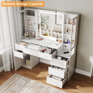 Makeup Vanity Desk with Mirror and Lights, White Makeup Vanity Table with 7 Drawers and 3 Cabinets, Makeup Desk with Charging Station, Dressing Table for Bedroom