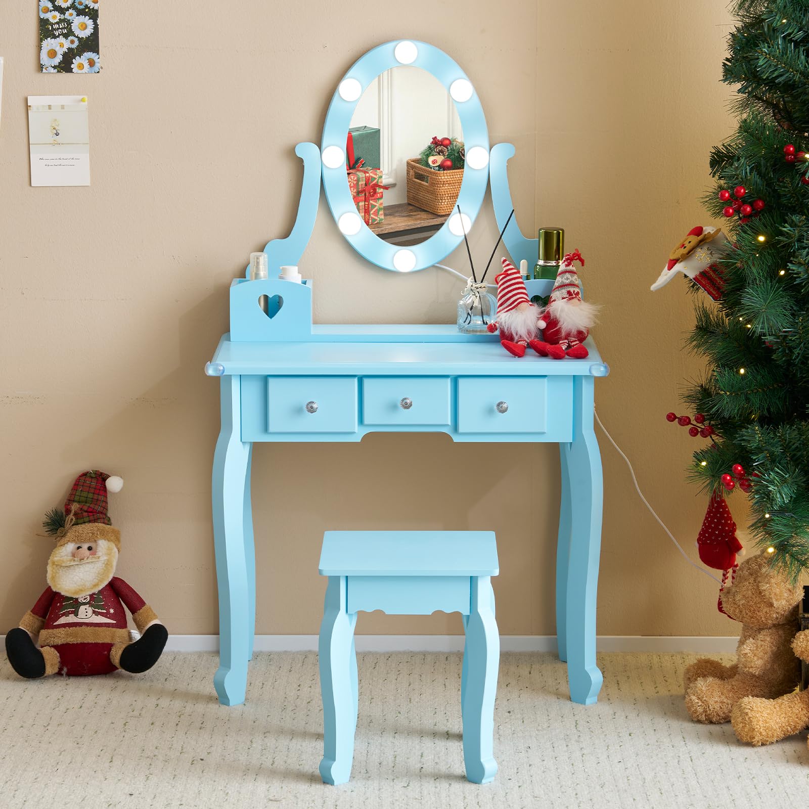 Vasitelan Kids' Vanity Set with Mirror and Light, Makeup Table and Stool for Girls, Vanity Table and Chair Set with Wood Makeup Playset for Girls (Blue)