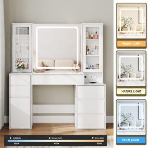 Makeup Vanity Desk with Mirror and Lights, White Makeup Vanity Table with 7 Drawers and 3 Cabinets, Makeup Desk with Charging Station, Dressing Table for Bedroom