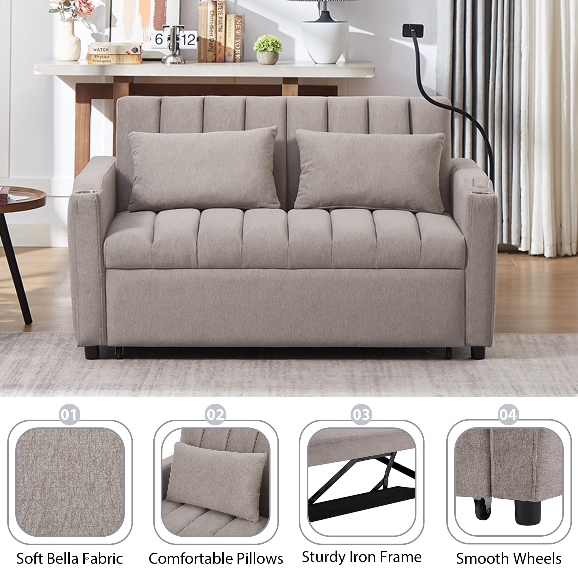 56'' Convertible Sleeper Sofa Bed,Full Loveseat Futon Pull Out Couch Sofá for Small Space,3 USB Ports,2 Cup Holders,360°Swivel Phone Holder,Modern Couches Sofabed Living Room,RV Hide-a-Bed (Gray)