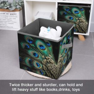 Peacock Feather Printing Storage Basket Folding Storage Bins Fabric Cube Organizer With Handle For Closet Utility Room