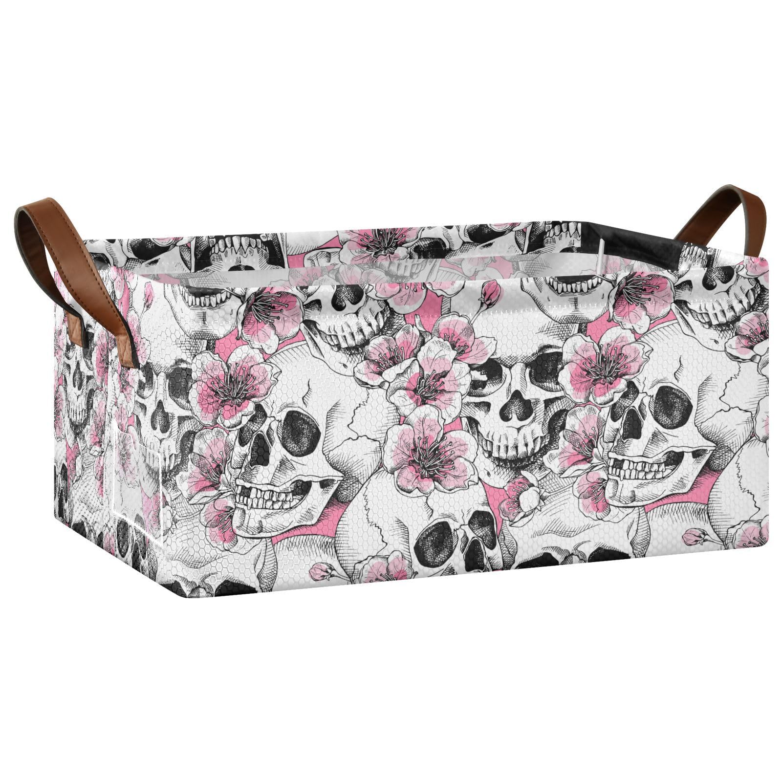 SLHKPNS Collapsible Storage Bins with Handles Pink Skull Storage Baskets for Shelves and Closet with Metal Frame Organizer Bins for Clothing,1PC,16.9"x11.4"x7.7", Spring Flowers