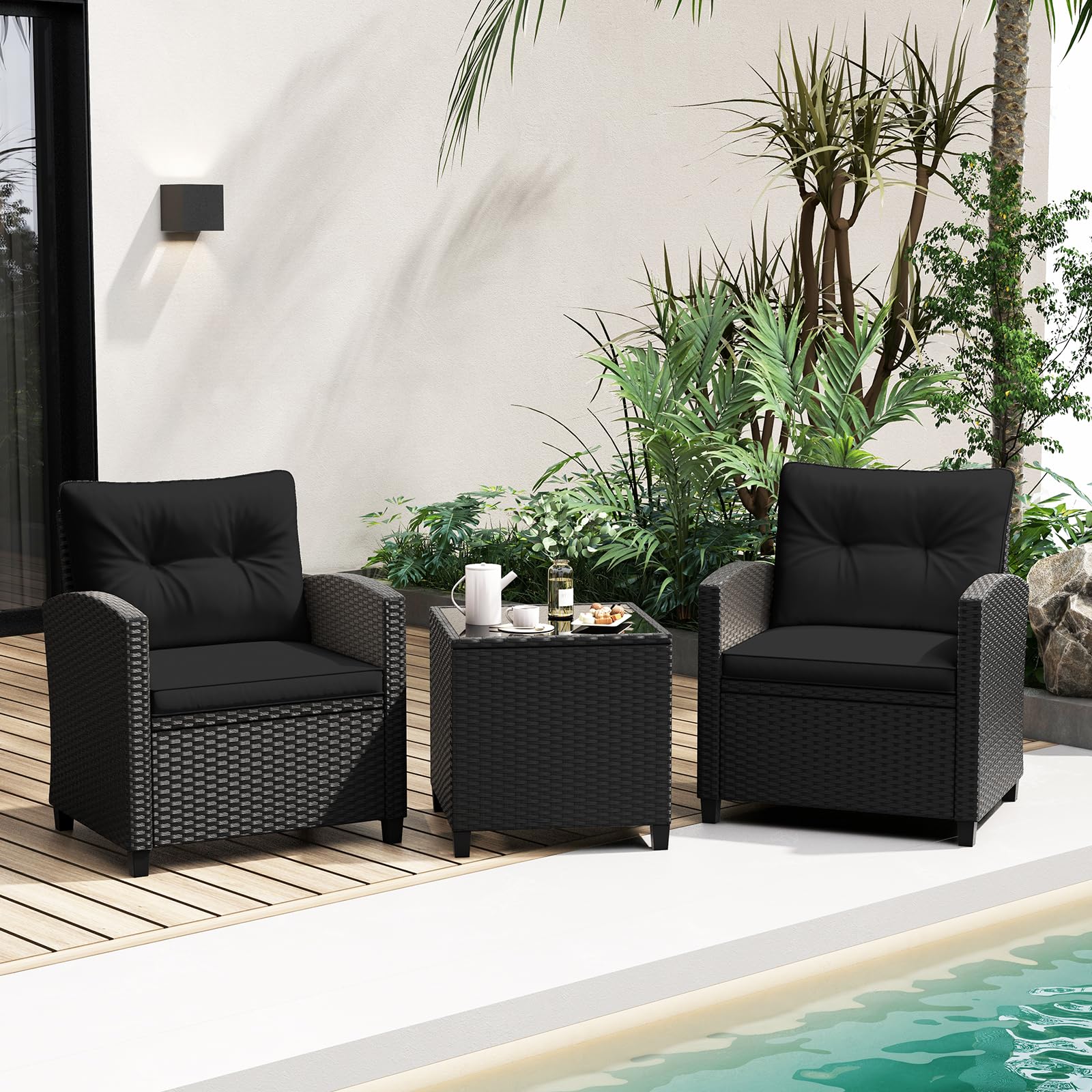 RELAX4LIFE 3-Piece Patio Furniture Set - Wicker Rattan Bistro Sofa Set w/Glass Top Coffee Table, Washable Cushions for Porch Balcony Backyard Poolside, Outdoor Furniture Conversation Set (Black)