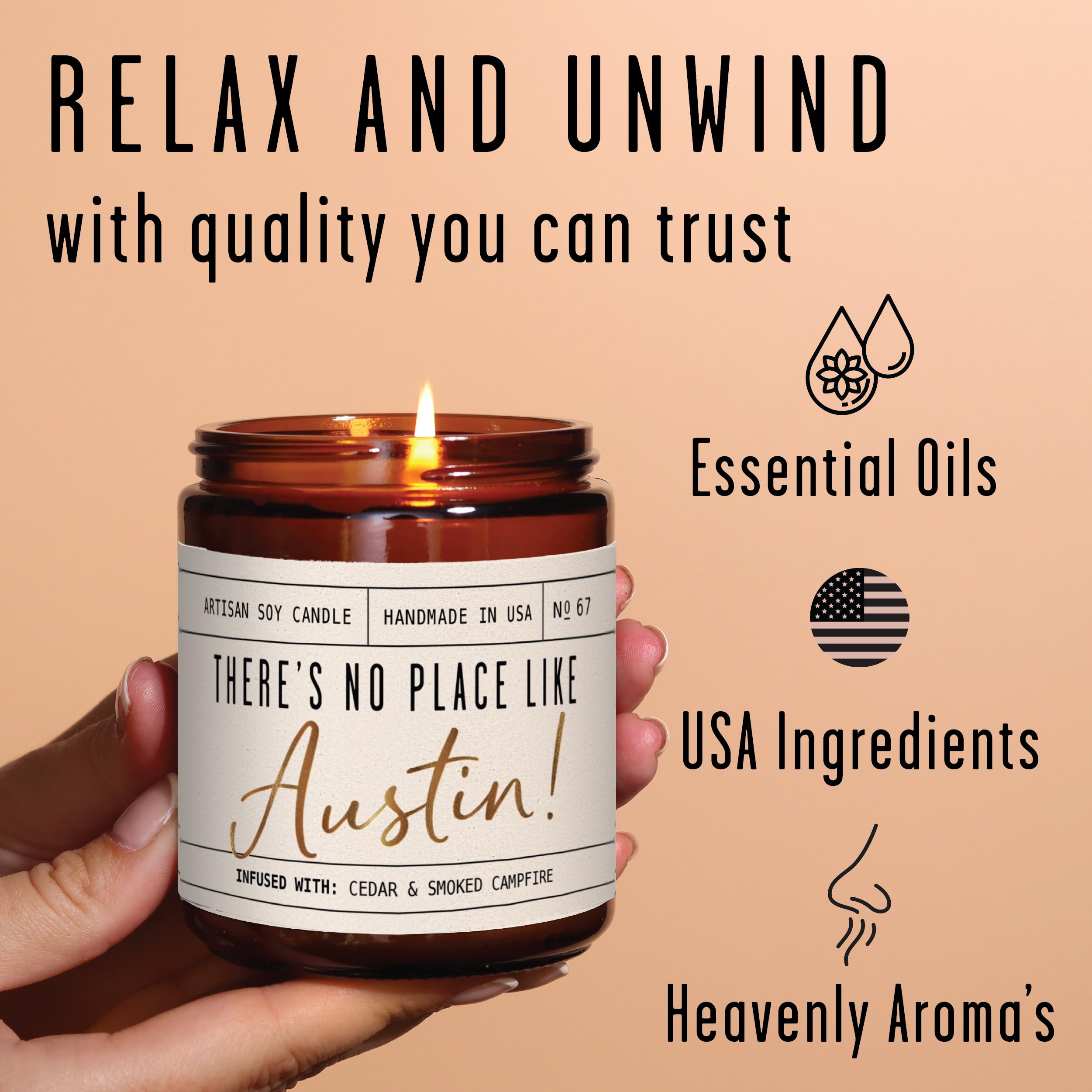 Austin Gifts, Austin Decor for Home - 'There's No Place Like Austin Candle, w/Cedar & Campfire I Austin Souvenirs I 9oz Jar, 50Hr Burn, Made in USA