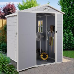 Devoko 6x4 FT Resin Shed, Plastic Shed with Floor Lockable Doors Window & Vents, Outdoor Storage Shed for Backyard Patio Lawn Pool (Grey & White)