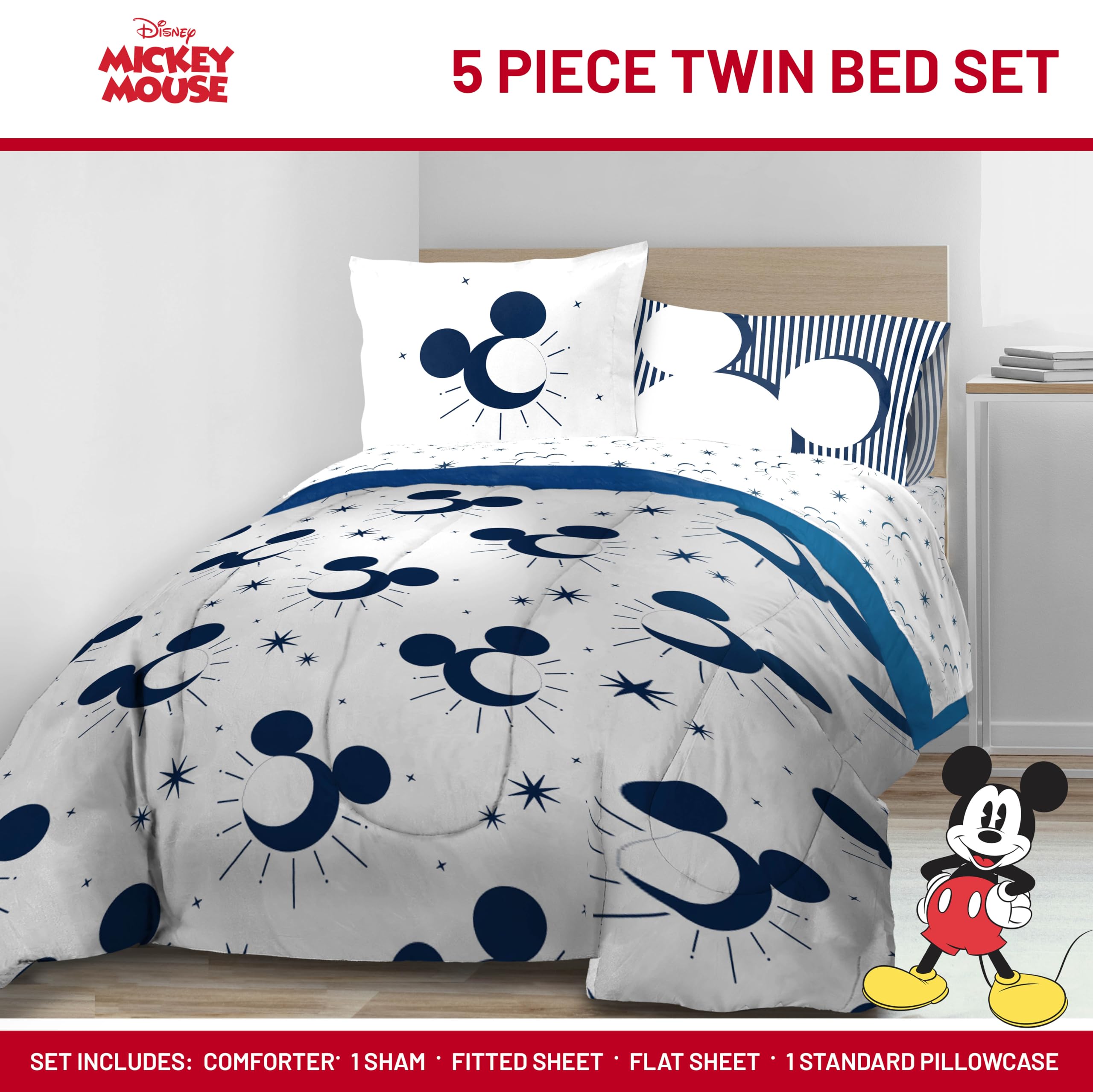 Jay Franco Disney Mickey Mouse Twin Comforter Set - 5 Piece Bedding Includes Sheet Set & Pillow Covers - Super Soft Cozy Celestial Bedding