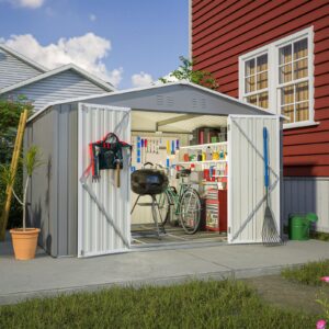 sofluxe metal outdoor storage shed,utility garden shed tool house with hinge door and padlock,floor frame included,all weather metal sheds for backyard patio,gray,10 * 8ft