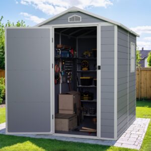 Devoko 6x4 FT Resin Shed, Plastic Shed with Floor Lockable Doors Window & Vents, Outdoor Storage Shed for Backyard Patio Lawn Pool (Grey & White)