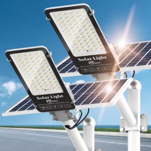 WYWNA 2 Pack 6500W +5000W Solar Street Lights Outdoor - 6500K Solar Parking Lot Lights Commercial Dusk to Dawn, Heavy Duty Split Type LED Solar Street Light Remote Control