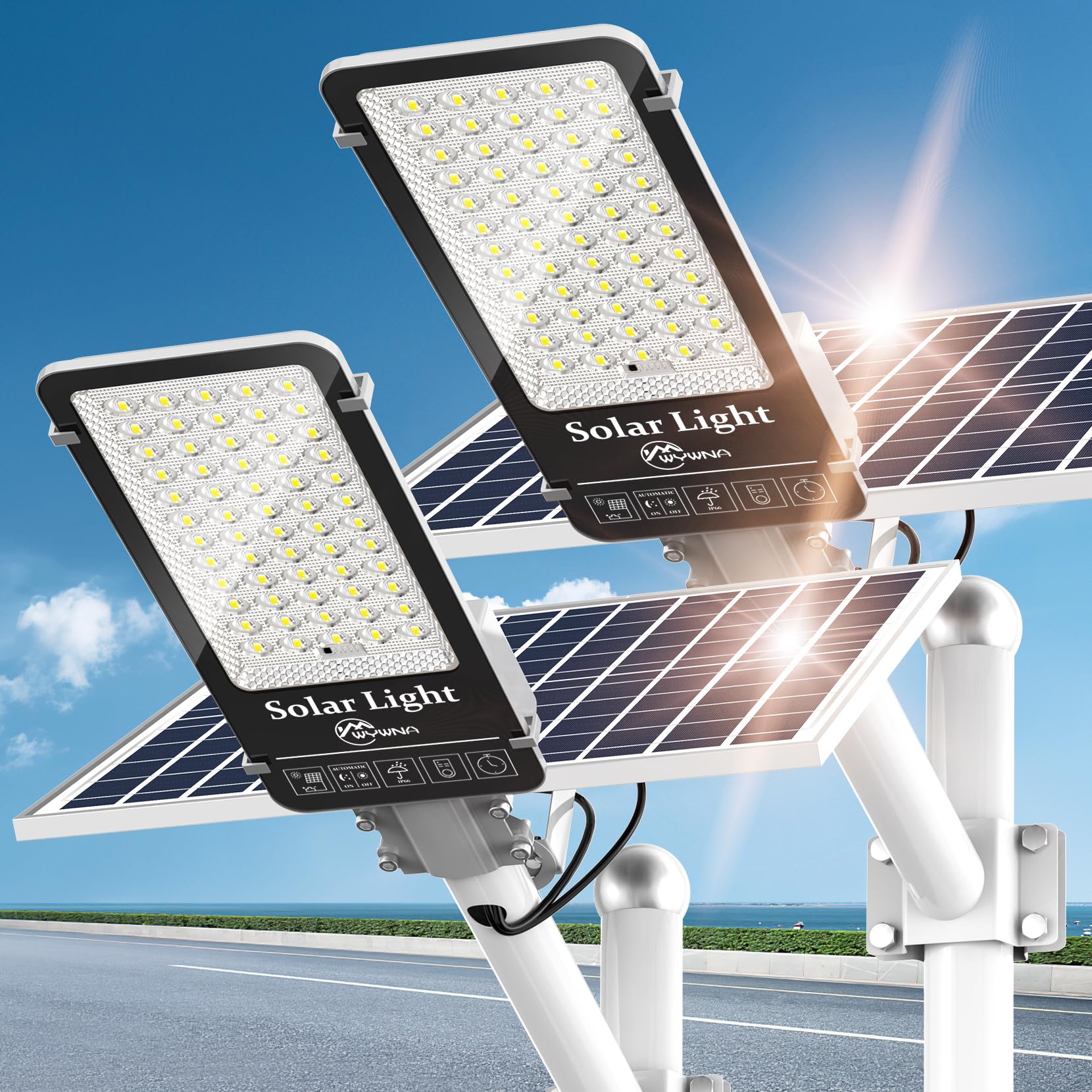 WYWNA 2 Pack 6500W +5000W Solar Street Lights Outdoor - 6500K Solar Parking Lot Lights Commercial Dusk to Dawn, Heavy Duty Split Type LED Solar Street Light Remote Control