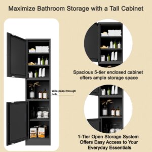 Boegica 67" Tall Metal Bathroom Storage Cabinet,6-Tier Freestanding Linen Tower Cabinet with 2 Doors and 1 Open Compartment,Narrow Slim Bathroom Floor Cabinet for Small Spaces,Modern,Black