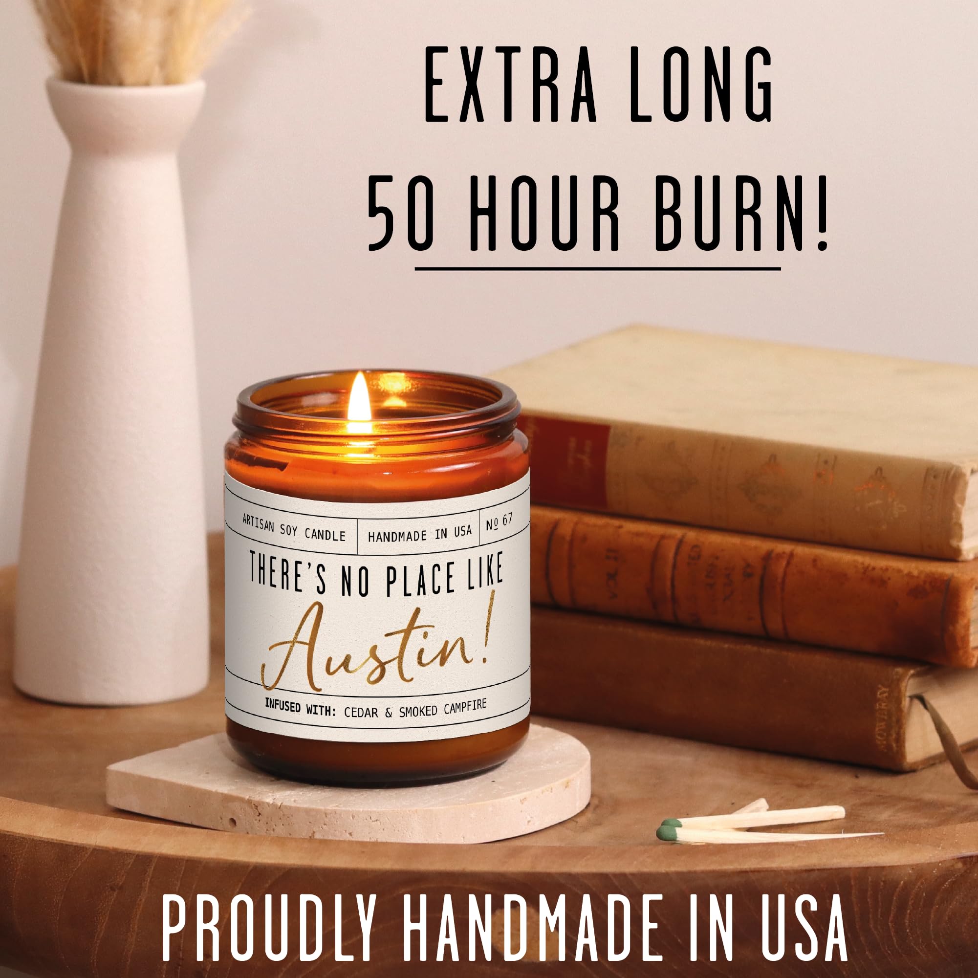 Austin Gifts, Austin Decor for Home - 'There's No Place Like Austin Candle, w/Cedar & Campfire I Austin Souvenirs I 9oz Jar, 50Hr Burn, Made in USA