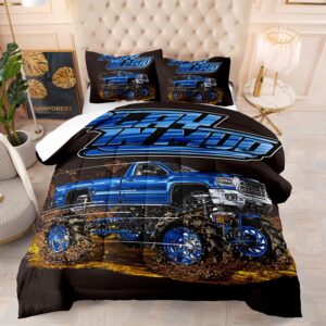 AILONEN 3D Truck Printed Kids Twin Comforter Set,Monster Truck Bedding Set for Boys Men,Blue Giant Truck Comforter with 2 Pillowcases,3-Piece Breathable