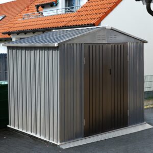 VEIKOU Outdoor Storage Shed with Thickened Galvanized Steel, 8x10FT Metal Storage Shed with Lockable Door & Air Vents, Garden Tool Metal Shed for Patio Garage Yard, Gray