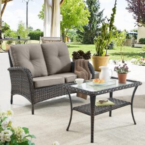 belord outdoor wicker loveseat with coffee table, patio loveseat sofa 2 piece outdoor wicker furniture set for patio porch deck balcony light brown/gray