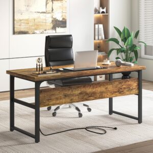 unikito computer desk with power outlets, executive desk with extra thick tabletop, computer office desk workstation with bookshelf, modern simple study writing table for home office, rustic brown