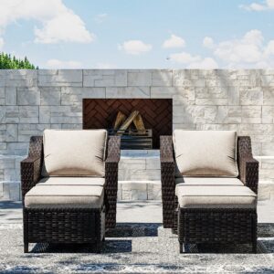 Joyside Patio Furniture Sets, 4 Pieces Outdoor Wicker Conversation Set with 2 Patio Swivel Rocking Chairs and Patio Ottomans, Rattan Sectional for Porch, Lawn Use (Beige, 4 PCS)