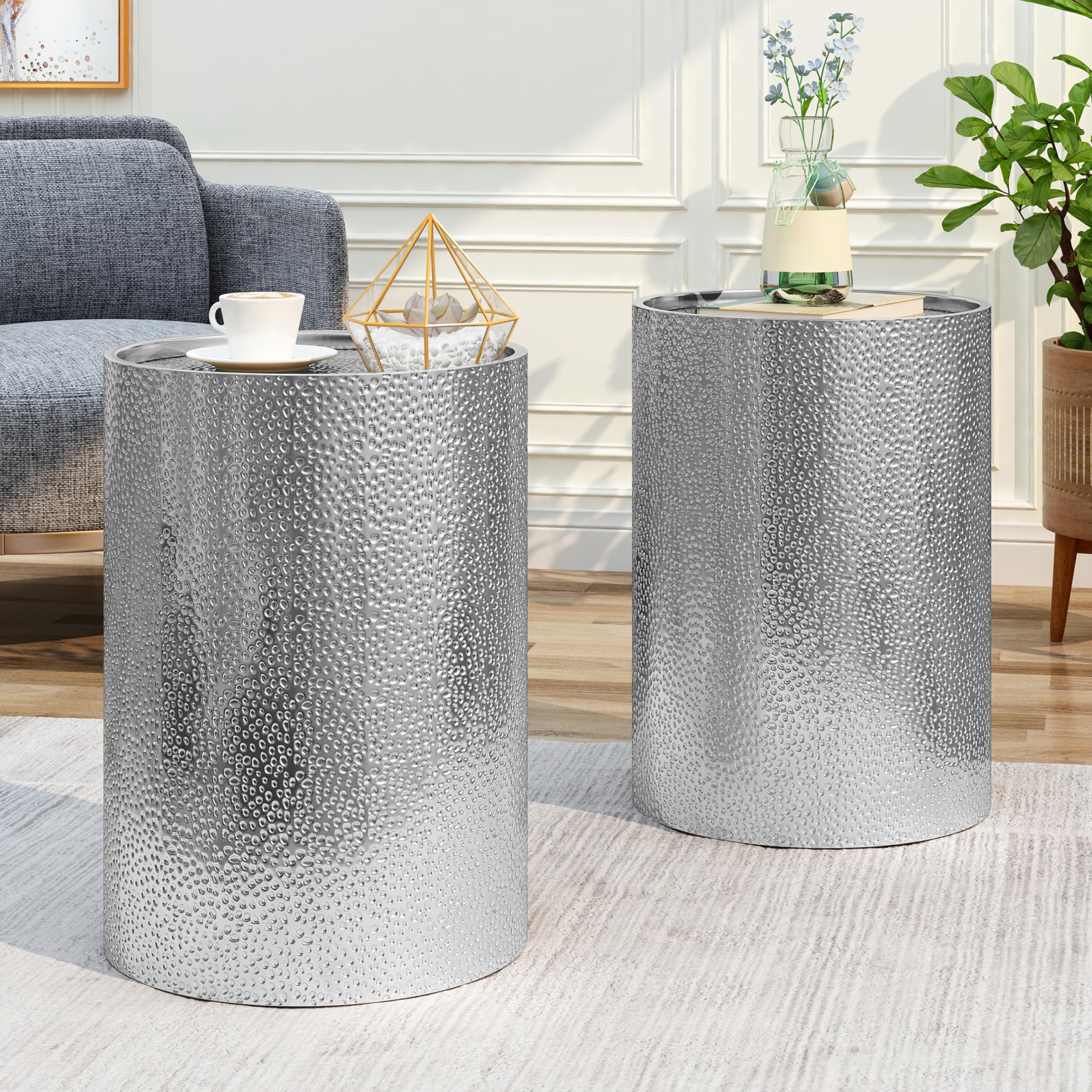 2 Piece Cylindrical Coffee Table Metal Cylindrical Small Side Table for Living Room Sofa Apartment Small Space,Silver, 16" D * 16" W * 22.25"