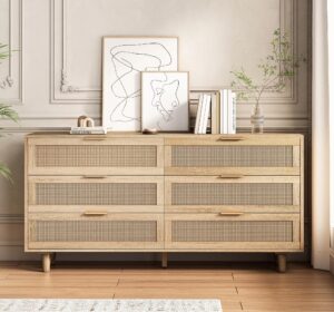 fsbecl large rattan dresser for bedroom, modern 6 drawer double dresser with gold handles, natural rattan bedroom dresser for closet, wood storage chest of drawers for living room, hallway, natural