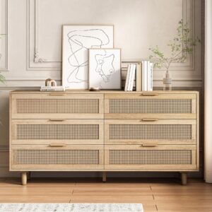 Fsbecl Large Rattan Dresser for Bedroom, Modern 6 Drawer Double Dresser with Gold Handles, Natural Rattan Bedroom Dresser for Closet, Wood Storage Chest of Drawers for Living Room, Hallway, Natural