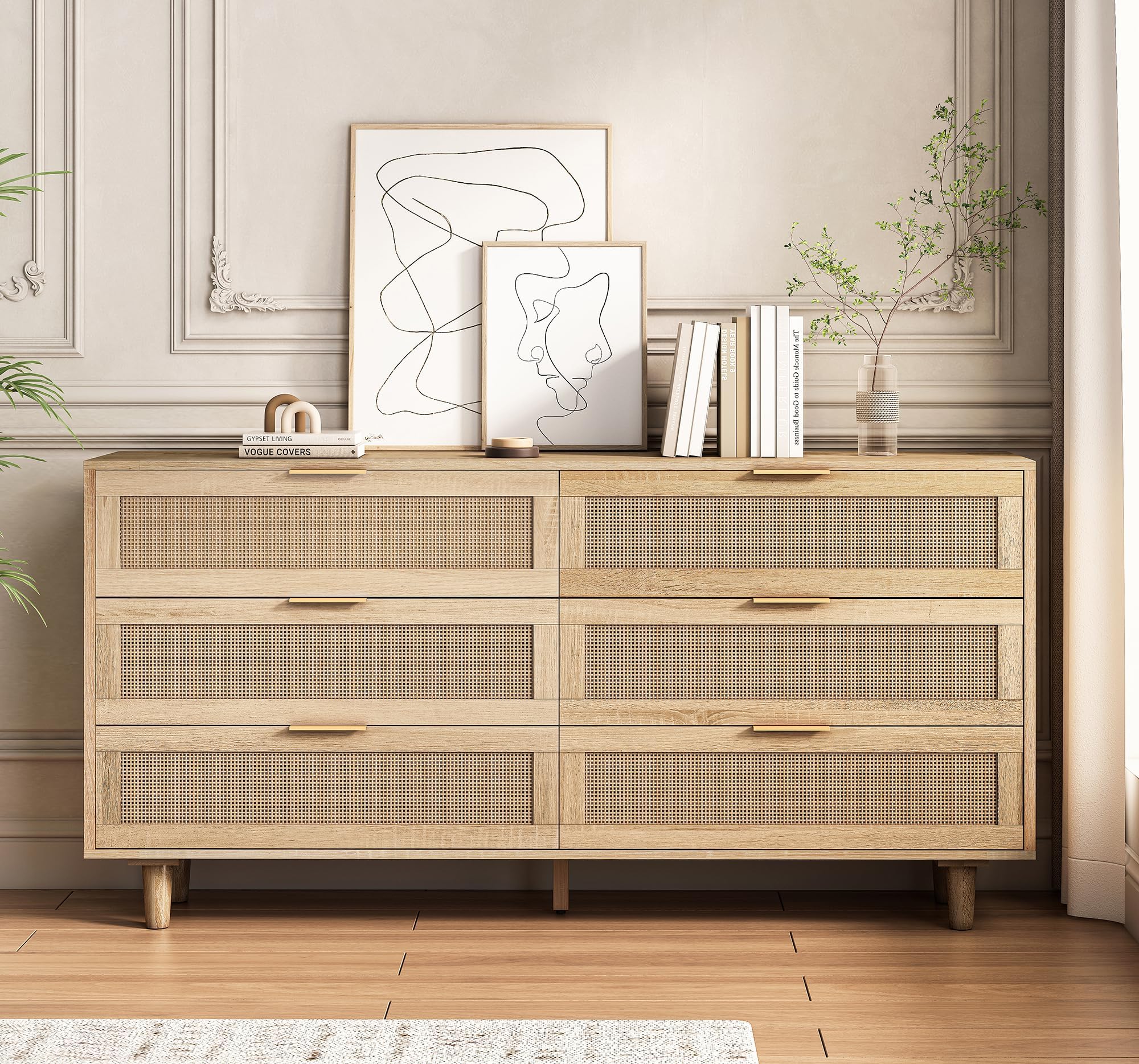 Fsbecl Large Rattan Dresser for Bedroom, Modern 6 Drawer Double Dresser with Gold Handles, Natural Rattan Bedroom Dresser for Closet, Wood Storage Chest of Drawers for Living Room, Hallway, Natural