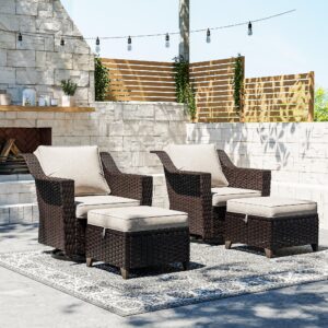 joyside patio furniture sets, 4 pieces outdoor wicker conversation set with 2 patio swivel rocking chairs and patio ottomans, rattan sectional for porch, lawn use (beige, 4 pcs)