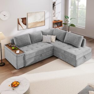 ZEIINPA 91.5” Modern Sleeper Sofa Bed, Linen Pull Out Couches with Storage Chaise, Comfy L-Shaped Sofa with Wooden Armrest Tray for Living Room, Apartment, Office, Studio, Home Theater-Grey