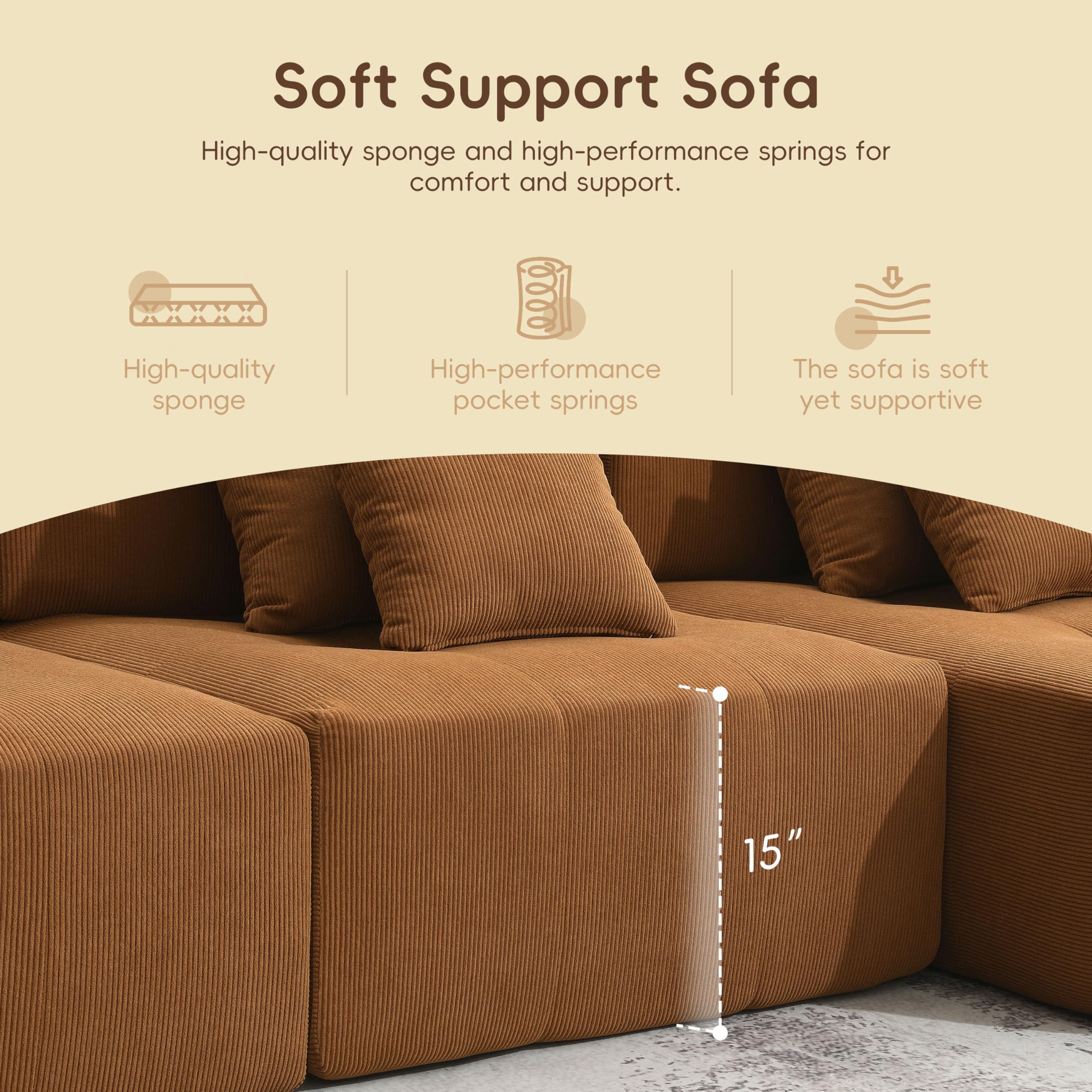 105.5" Modular Sectional Sofa Couch for Living Room, L-Shape Upholstered Cloud Couch with 4 Pillow, Modern Minimalist Couches, Deep Seat, No Assembly Required(Brown,Corduroy,Frameless)