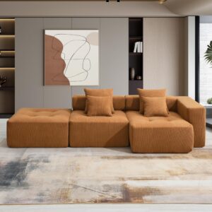 105.5" Modular Sectional Sofa Couch for Living Room, L-Shape Upholstered Cloud Couch with 4 Pillow, Modern Minimalist Couches, Deep Seat, No Assembly Required(Brown,Corduroy,Frameless)