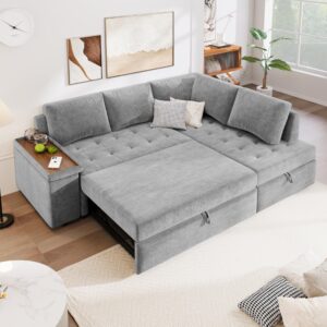 zeiinpa 91.5” modern sleeper sofa bed, linen pull out couches with storage chaise, comfy l-shaped sofa with wooden armrest tray for living room, apartment, office, studio, home theater-grey