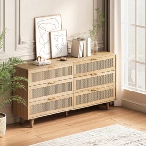 Fsbecl Large Rattan Dresser for Bedroom, Modern 6 Drawer Double Dresser with Gold Handles, Natural Rattan Bedroom Dresser for Closet, Wood Storage Chest of Drawers for Living Room, Hallway, Natural