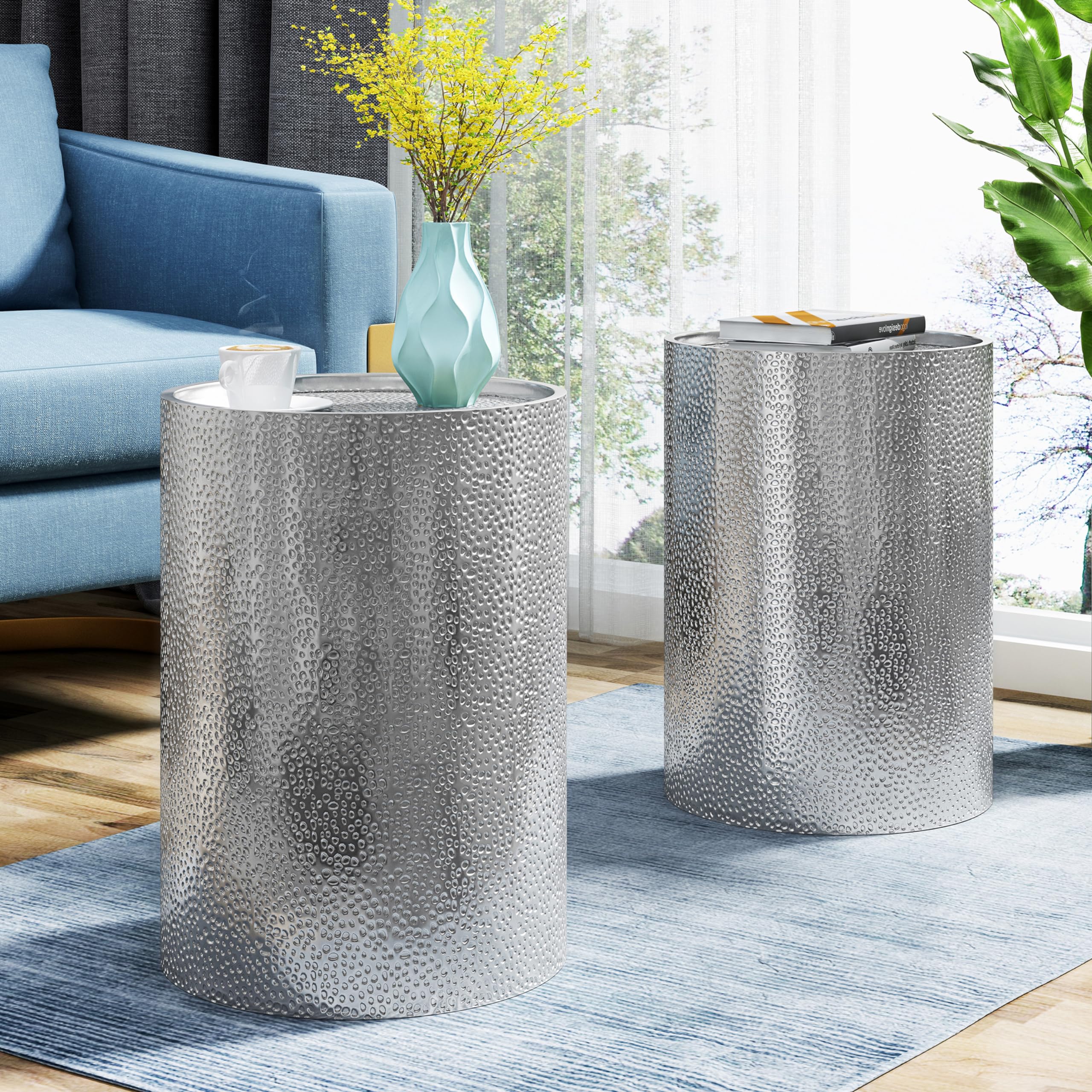 2 Piece Cylindrical Coffee Table Metal Cylindrical Small Side Table for Living Room Sofa Apartment Small Space,Silver, 16" D * 16" W * 22.25"