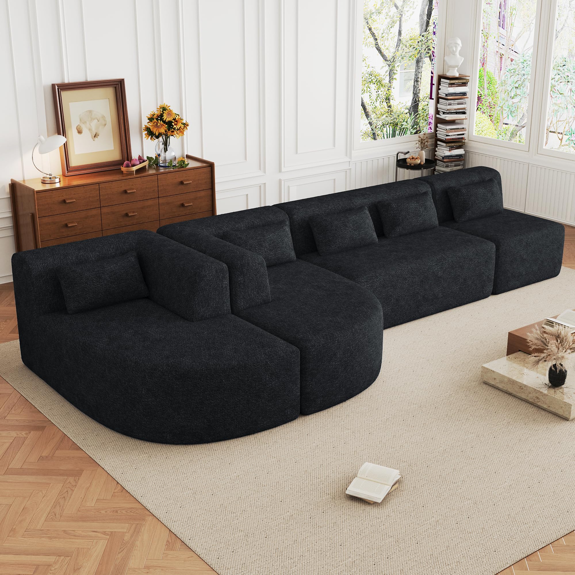 RuiSiSi 143.7" Modern Upholstered Sectional Sofa with 5 Back Pillows and 2 Chaise Lounge, Free-Combined Sofa Couch for Living Room Apartments, Black