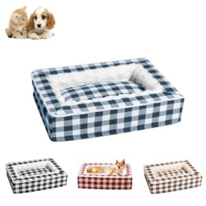 tartan cozy dog anti-anxiety calming bed,soft funny fuzzy dog bed,classic square pet bed,removable washable for cats and dogs (blue, m)