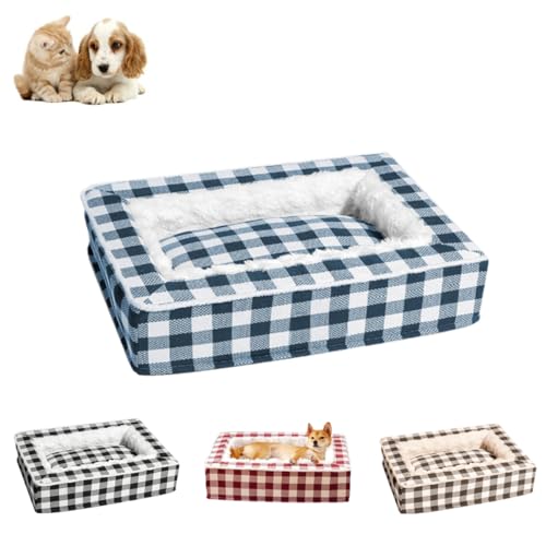 Tartan Cozy Dog Anti-Anxiety Calming Bed,Soft Funny Fuzzy Dog Bed,Classic Square Pet Bed,Removable Washable for Cats and Dogs (Blue, M)