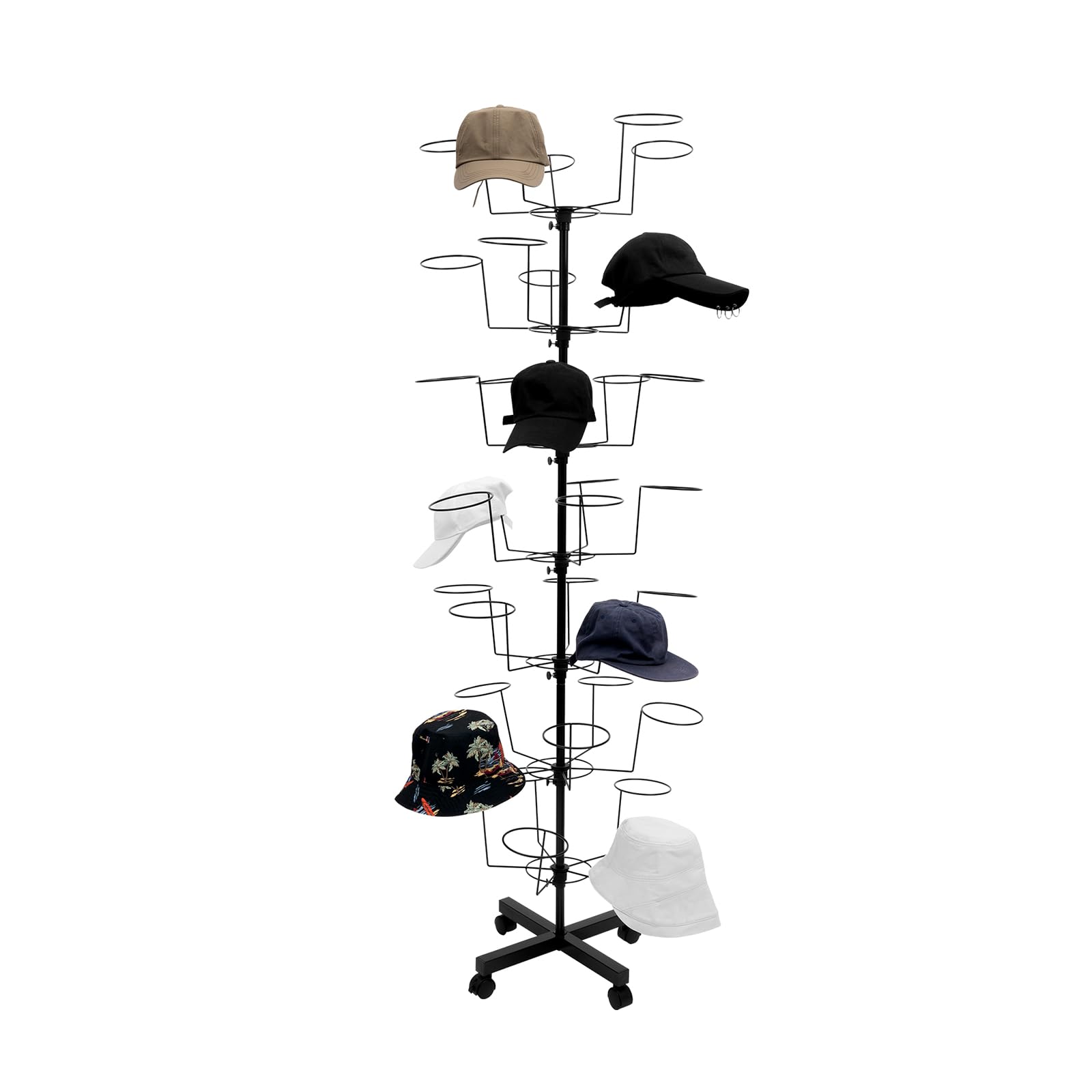 WBGANG Rotating Hat Display Rack, 7 Tier Free Standing Metal Floor Caps Headwear, Retail Hat Rack, Be Used In Homes, Stores, Gift Storesto Place Various Of Hats, Holds Up To 35 Caps Vertically,Black