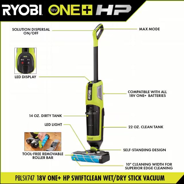 RYOBI ONE+ HP 18V Brushless Cordless Wet/Dry Stick Mop and Vacuum Kit with 4.0 Ah Battery and Charger