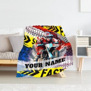 Personalized Motorcycle Boys Blanket with Name - 40 x 50 Inches Blankets for Couch, Sofa - Blue Funny Plush Soft Throw Blanket Motorbike Gifts for Rider