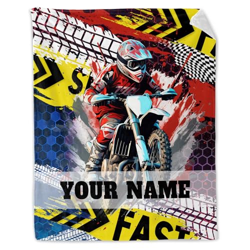 Personalized Motorcycle Boys Blanket with Name - 40 x 50 Inches Blankets for Couch, Sofa - Blue Funny Plush Soft Throw Blanket Motorbike Gifts for Rider