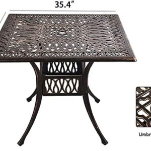 QUYZE Patio Dining Table, 35" Outdoor Patio Table with Umbrella Hole Bronze Square Cast Alluminum Patio Metal Dining Table, Outdoor Furniture for Backyard Lawn Balcony Deck