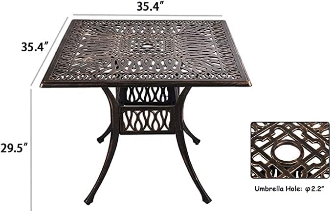 QUYZE Patio Dining Table, 35" Outdoor Patio Table with Umbrella Hole Bronze Square Cast Alluminum Patio Metal Dining Table, Outdoor Furniture for Backyard Lawn Balcony Deck