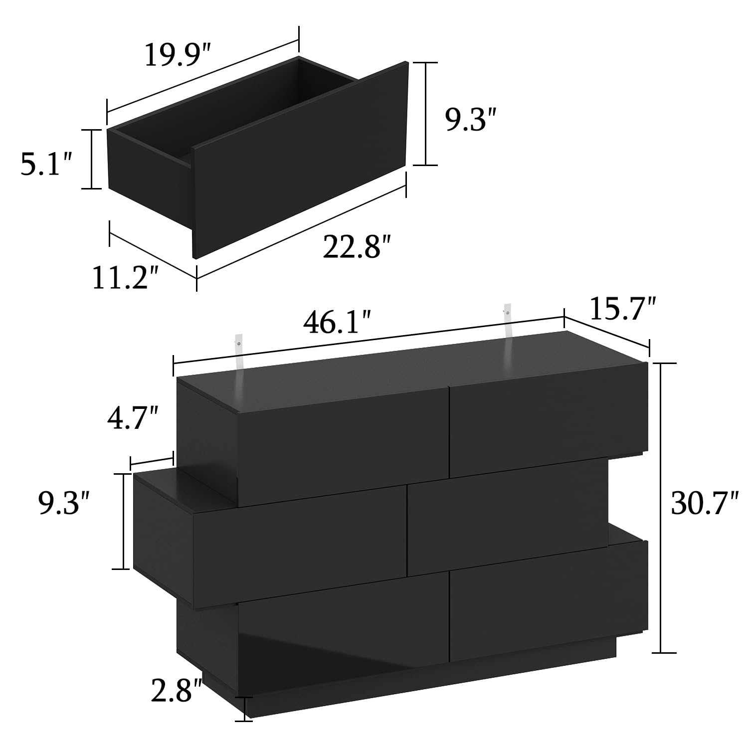 ROMSHINE Balck Drawer Dresser for Bedroom, Modern High Gloss Dresser with 6 Drawers, Double Dresser Storage Chest of Drawer with Asymmetrical Design for Bedroom, Living Room, Entryway