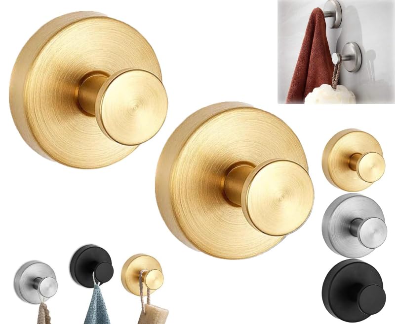 Suction Cup Hooks for Shower, Strong Suction Cup Hooks, No Drill Stainless Steel Vacuum Suction Cup Hooks for Shower, Mirror, Bathroom, Hanging Towels, Suction Cup Hooks (2, Gold)