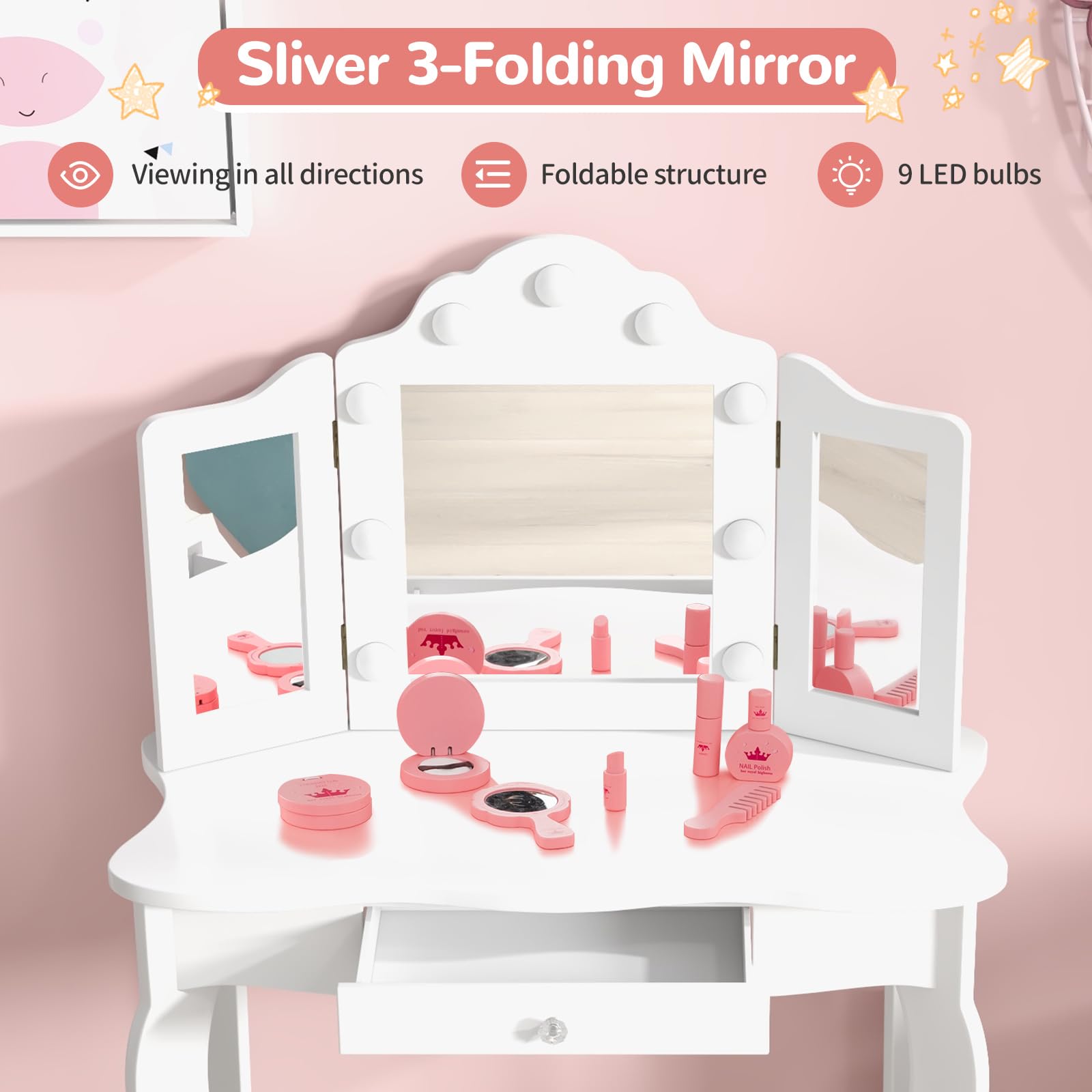 AKUSTIK Kids Vanity with Lights, 2 in 1 Wooden Dressing Table and Chair Set with Tri-Folding Mirror, Stool, Storage Drawer, Toddlers Pretend Princess Beauty Playset Toy Gift for Little Girls