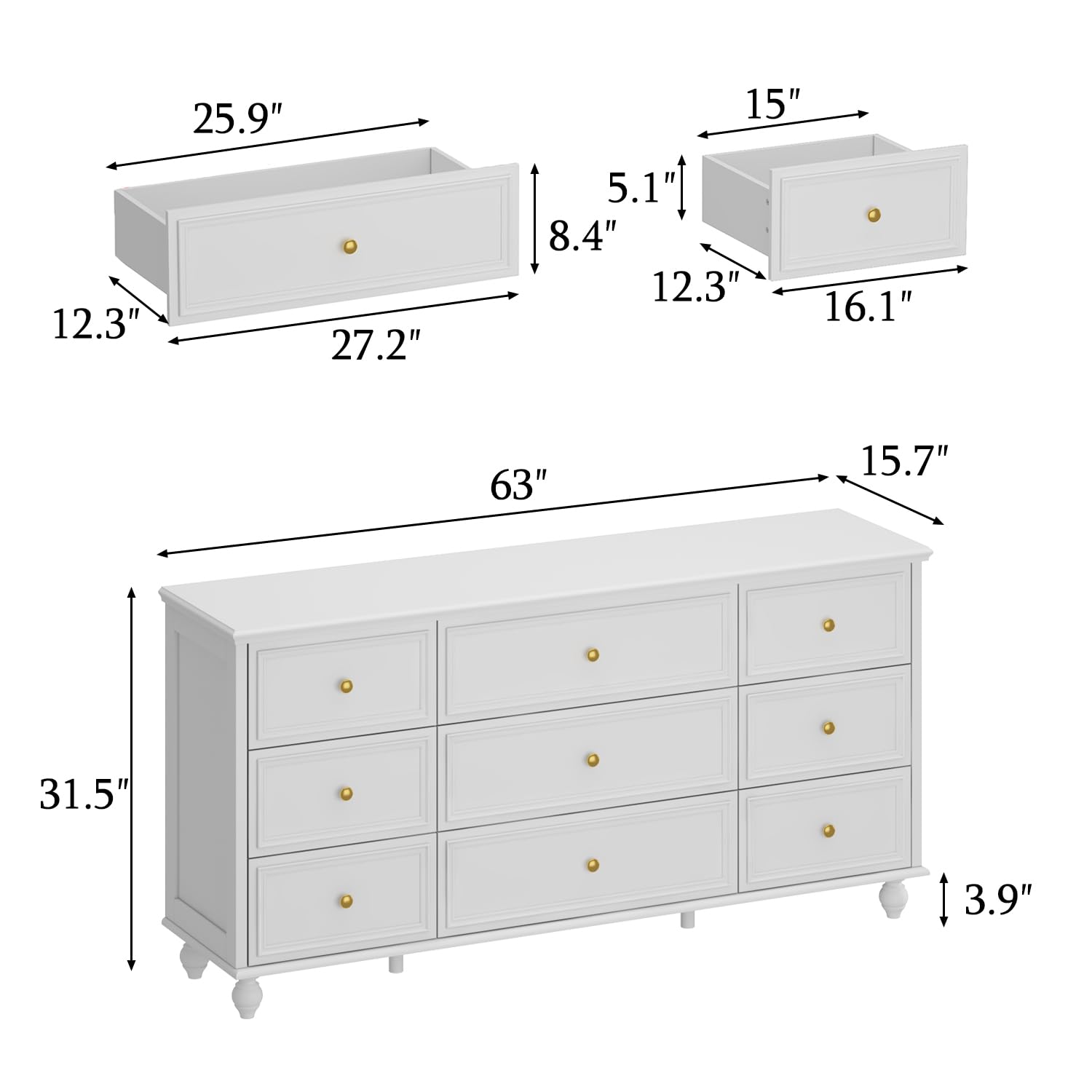 ROMSHINE White Bedroom Dresser with 9 Drawers, 63" Wide Dressers Chest of Drawers, Transitional Wood Dresser Long Drawer Organizer for Nursery Bedroom Living Room