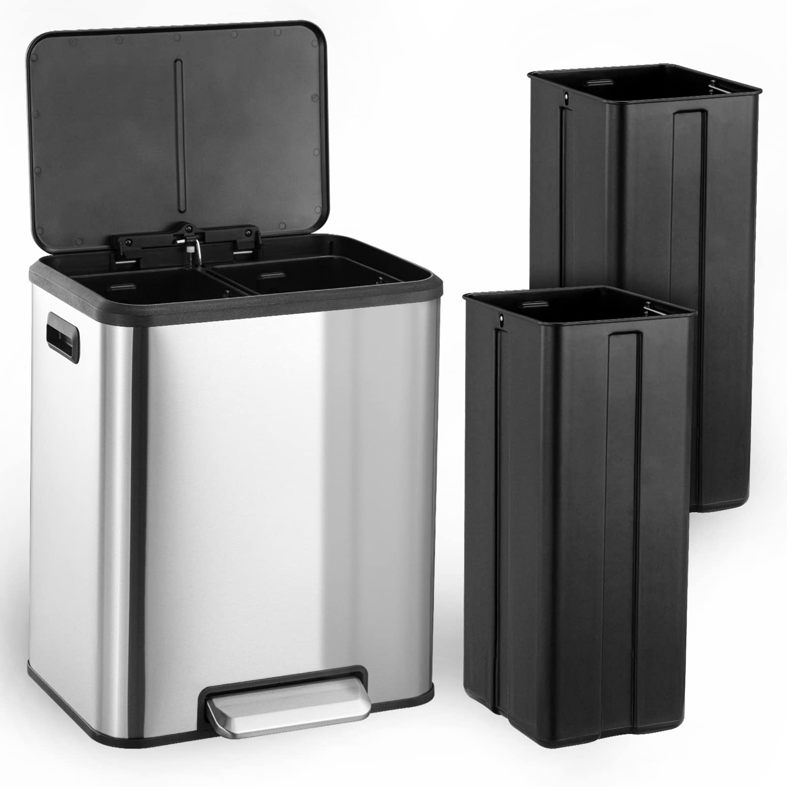 30 Liter / 8 Gallon Rectangular Hands-Free Dual Compartment Recycling Kitchen Step Trash Can with Soft-Close Lid, for Bathroom Bedroom Home Office, 2 x 4 Gal, Silver