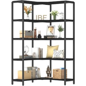 ibf 5 tier black corner bookshelf, tall modern l shaped book shelf storage organizer, large industrial wood metal wide open bookshelves, farmhouse heavy duty 5 shelf bookcase etagere in bedroom office